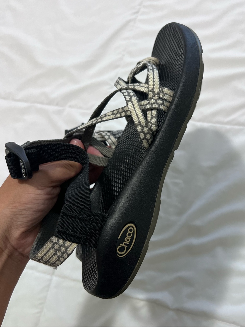 Chaco Women's ZX/2 Black Sandal with Cream Patterned Straps size 7